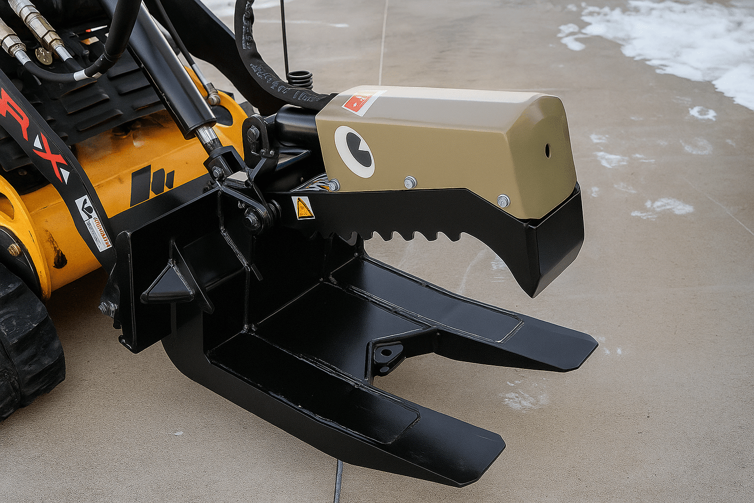 The Beak skid steer grapple fork attachment for heavy material handling
