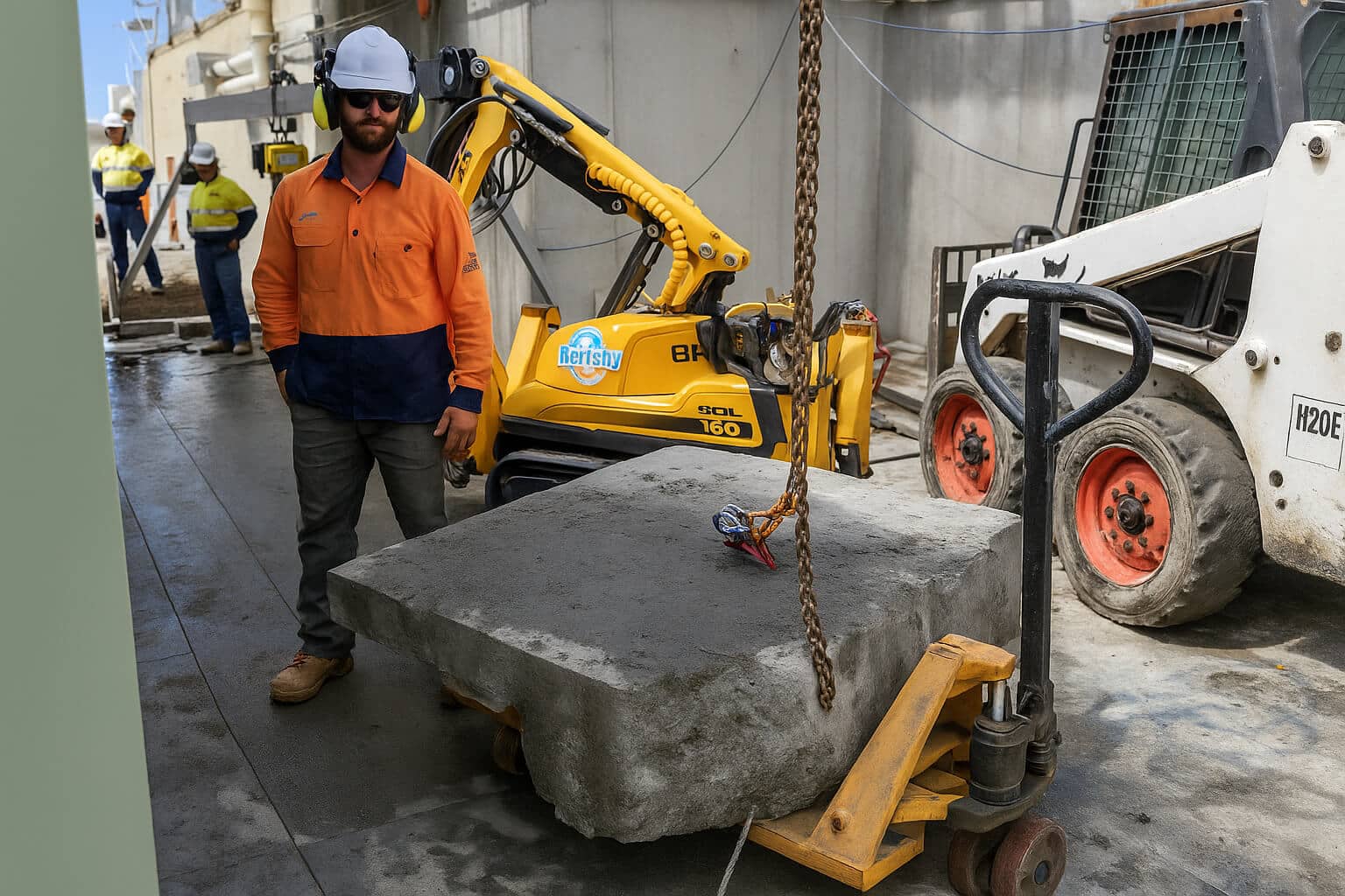 Monkey Fist concrete lifting anchor attachment for skid steer loader